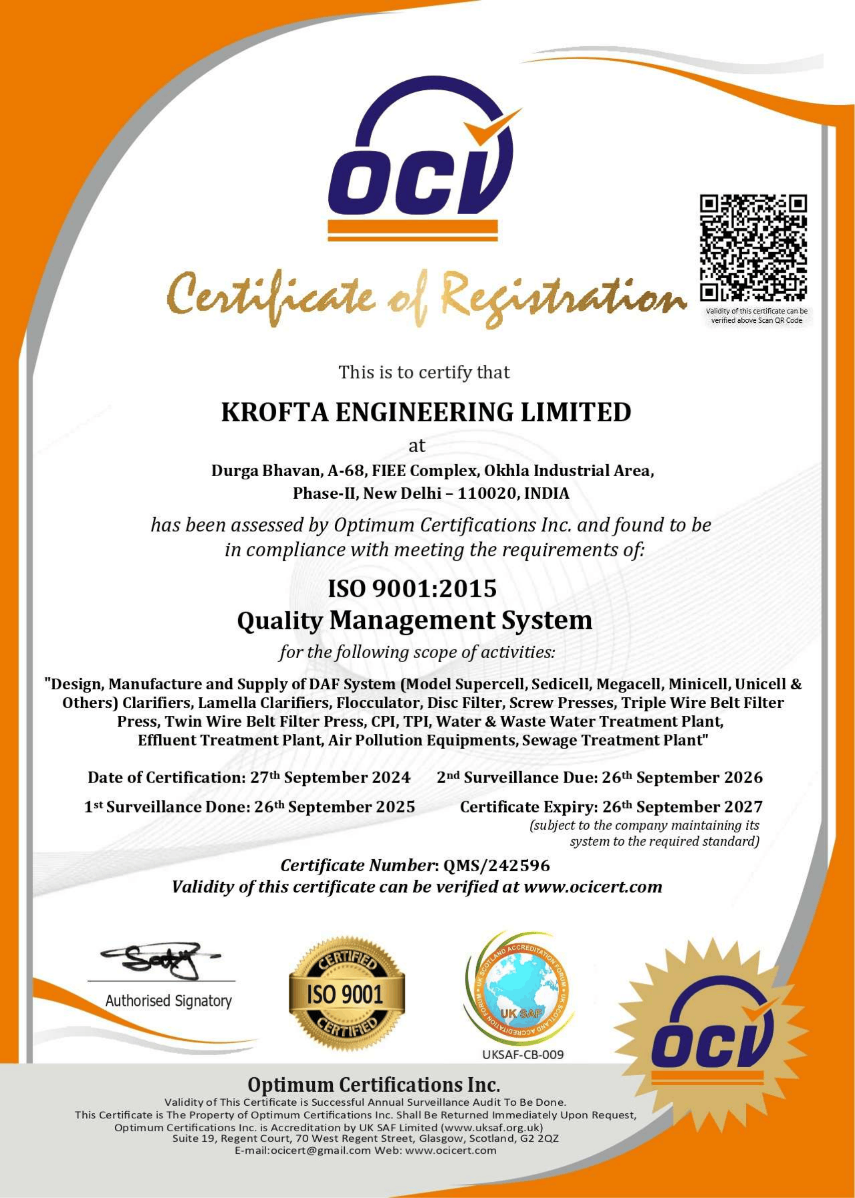Certifications 1 Krofta Engineering ISO 9001:2015 certification quality management system certificate